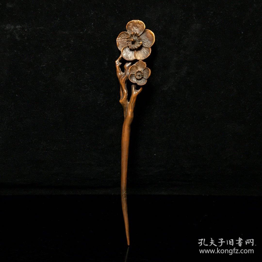 早期收藏黄杨木雕刻桃花簪子,精雕细琢 古朴雅致