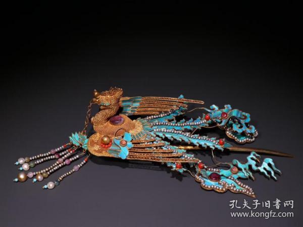 清代 银鎏金花丝点翠凤簪