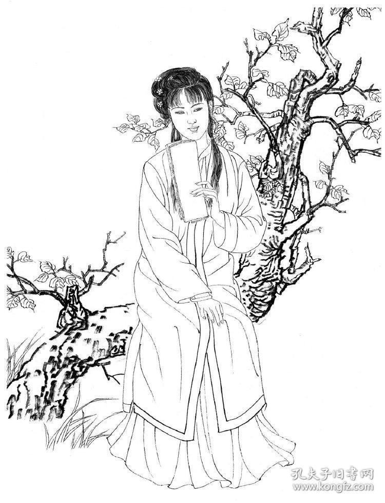 工笔画人物仕女白描线稿读书晓园 复制品 画芯 可装裱 画框c469