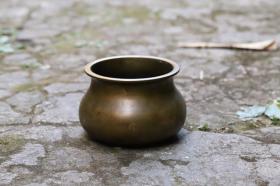 【解忧老物件】日本铜建水，敷金箔，内径10.5公分，高9.5公分，底款：净益。