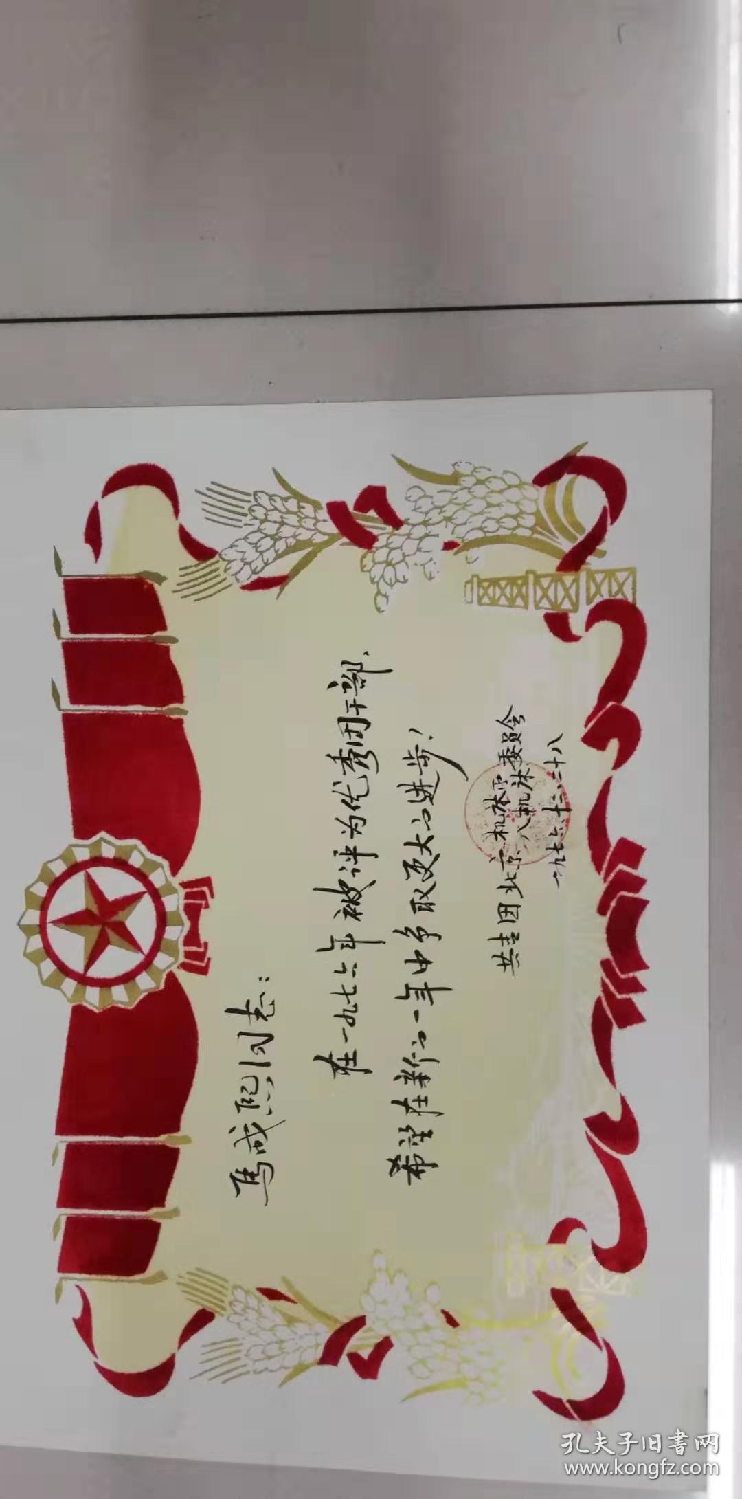 奖状——马成熙同志优秀团干部(共青团北京市机床所)(植绒)