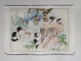 保真书画，北京画院画家赵志田，女画家姚彦君合作国画《登高图》一幅，一群猫画的可爱。周边景物也画的如临其境。原装裱镜心，尺寸68.5×94cm