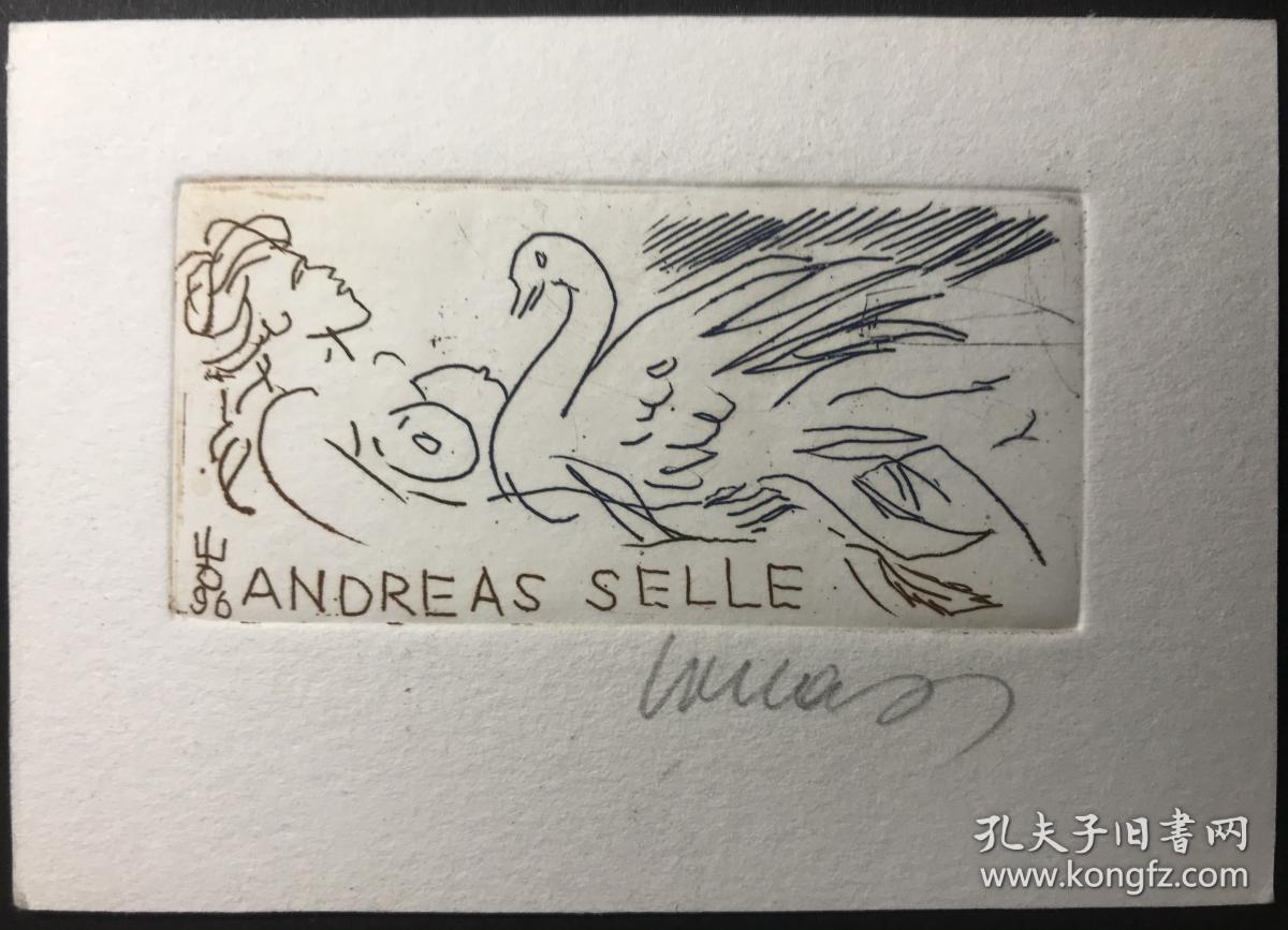 爱沙尼亚蚀刻版画藏书票原作 丽达与天鹅