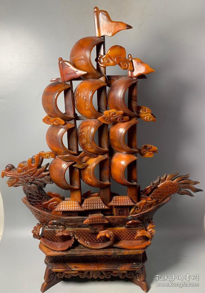 珍品纯手工雕刻黄牛角摆件龙船一帆风顺.