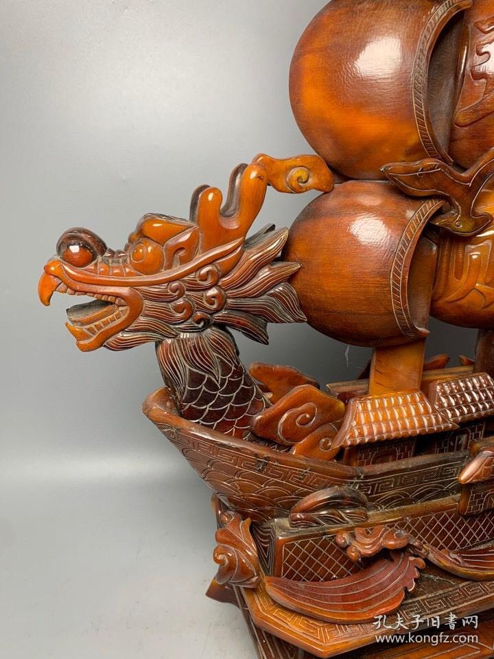 珍品纯手工雕刻黄牛角摆件龙船一帆风顺.