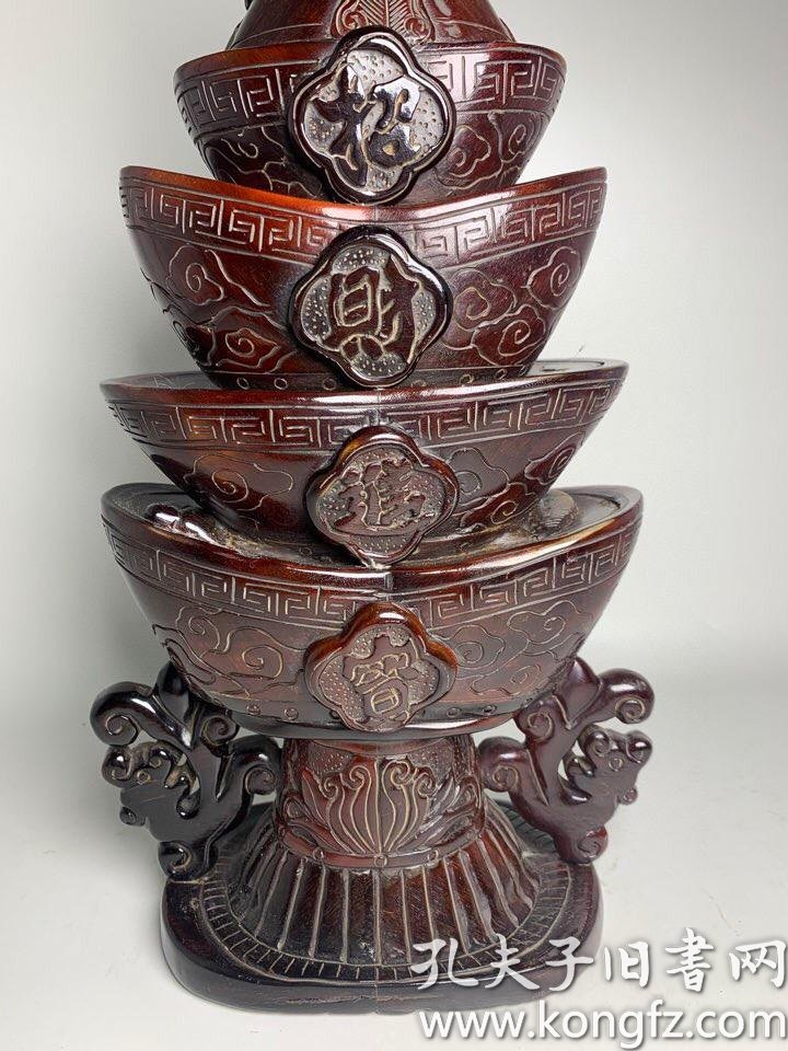 旧藏纯手工高浮雕雕刻元宝,招财进宝,节节高升摆件.