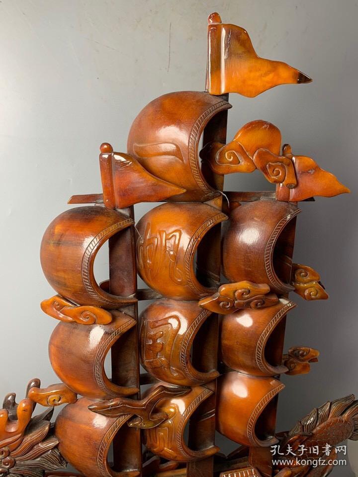 珍品纯手工雕刻黄牛角摆件龙船一帆风顺.