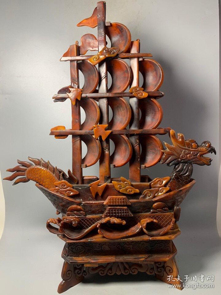 珍品纯手工雕刻黄牛角摆件龙船一帆风顺.