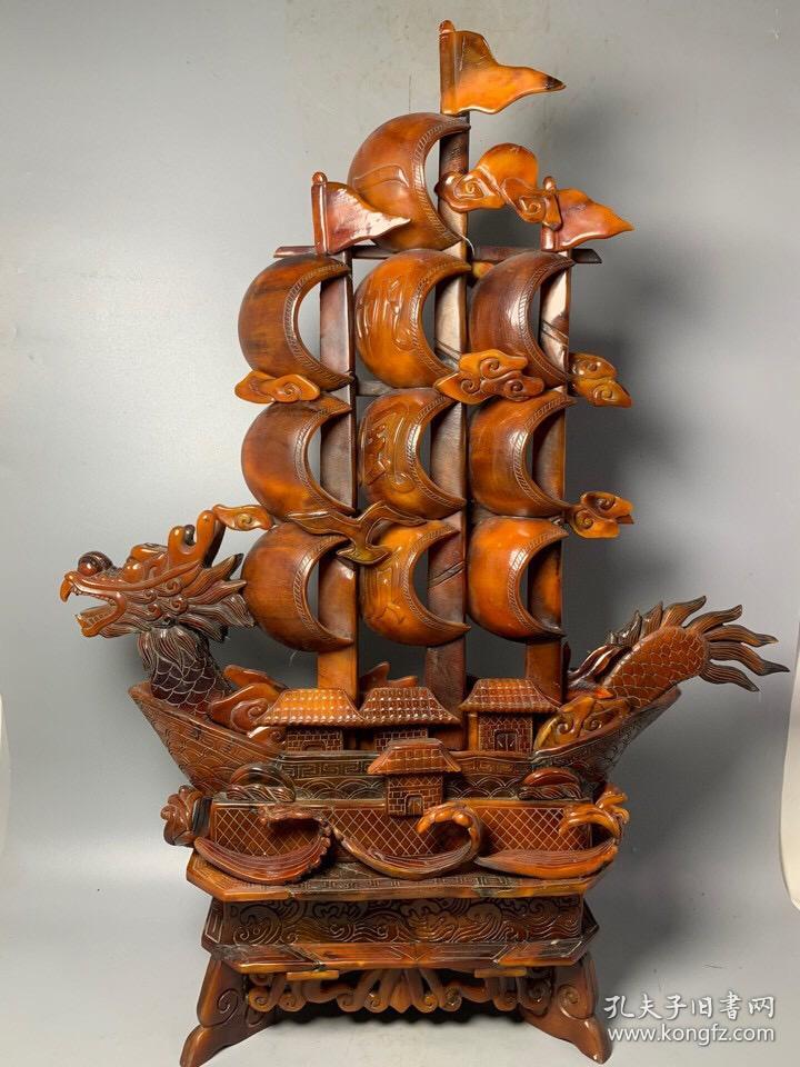 珍品纯手工雕刻黄牛角摆件龙船一帆风顺.