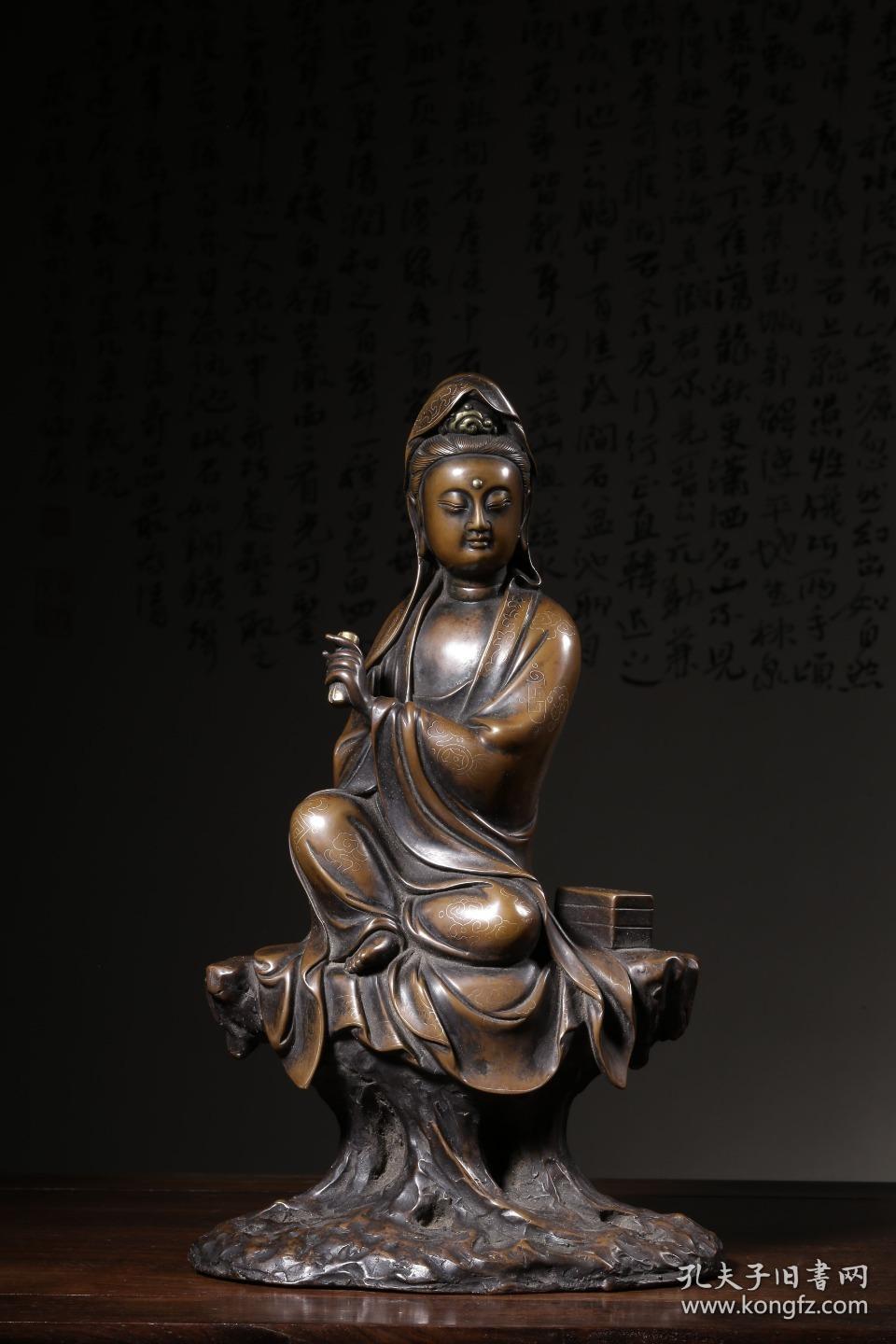 清"石叟"款铜掐银丝持经观音摆件