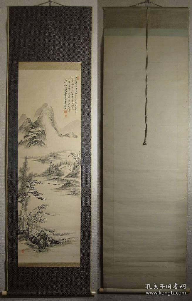 清明治时期画家直入山樵田痴(田能村直入)笔老绢本绫裱(秋溪垂钓图)