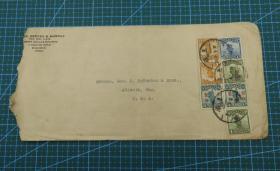 64#1930年6月20日上海寄美国--贴帆船邮票7张邮资22分--实寄封（少见加盖帆船混贴封）