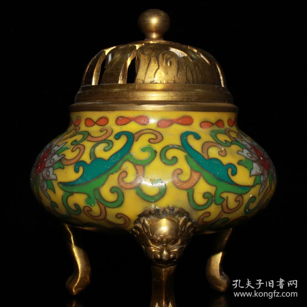 纯铜镀金做旧景泰蓝掐丝三足熏香炉摆件
