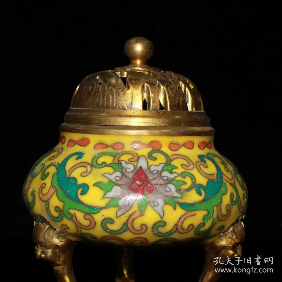 纯铜镀金做旧景泰蓝掐丝三足熏香炉摆件