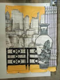 著名湖南籍画家、宋庄国际画院终身名誉院长 向钊邦 超大尺幅画作《阳台上的风景》一幅（纸本软片，画心约37.8尺，钤印：向钊邦印）HXTX322452