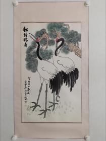 保真书画，佚名（焦静娴？）《松龄鹤寿》花鸟画一幅，纸本镜心，尺寸70×42cm