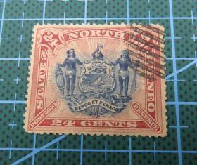 1894年北婆罗洲--双人扶盾形徽章图--面值24分--旧票邮票