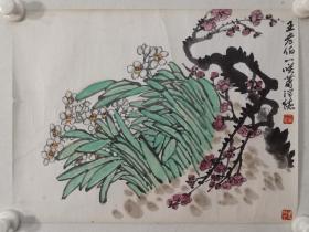 保真书画，著名京剧艺术家萧润德国画《水仙梅花》一幅，纸本托片，尺寸34×46cm