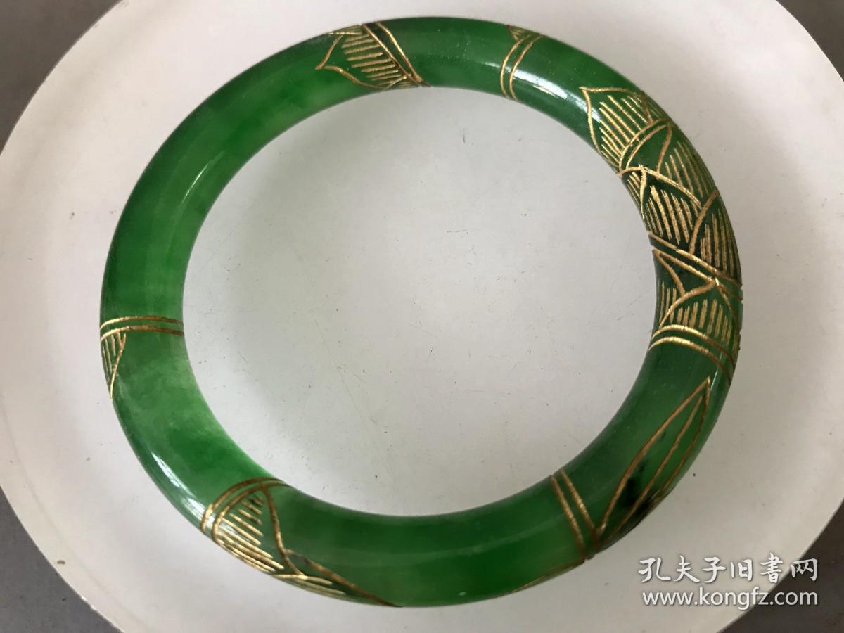 清代天然翡翠满绿描金手镯