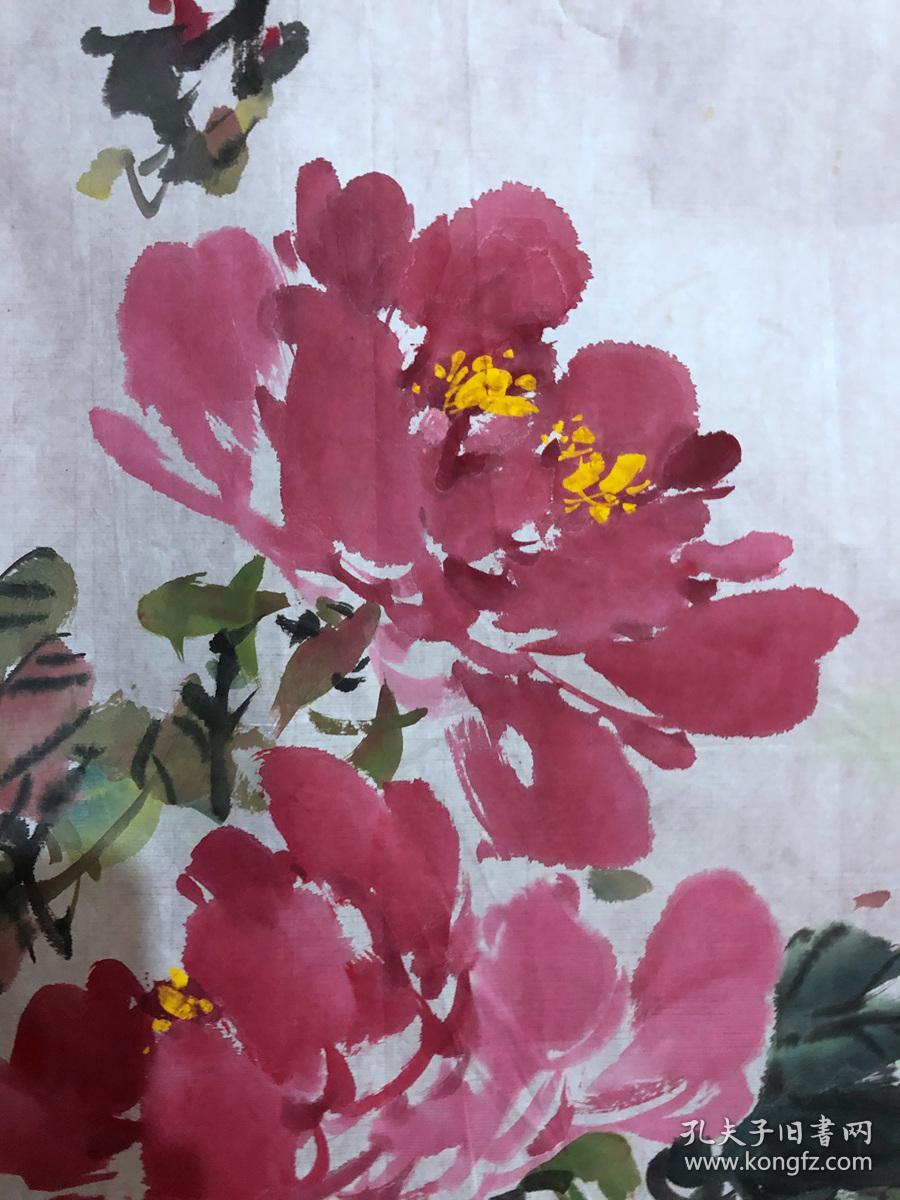 书画原作10276,著名画家【周仁辉,何俊德】花鸟画,孔雀牡丹图,约31
