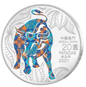 【海宁潮天期货】澳门2021年中国生肖系列牛年1盎司彩色纪念银币
