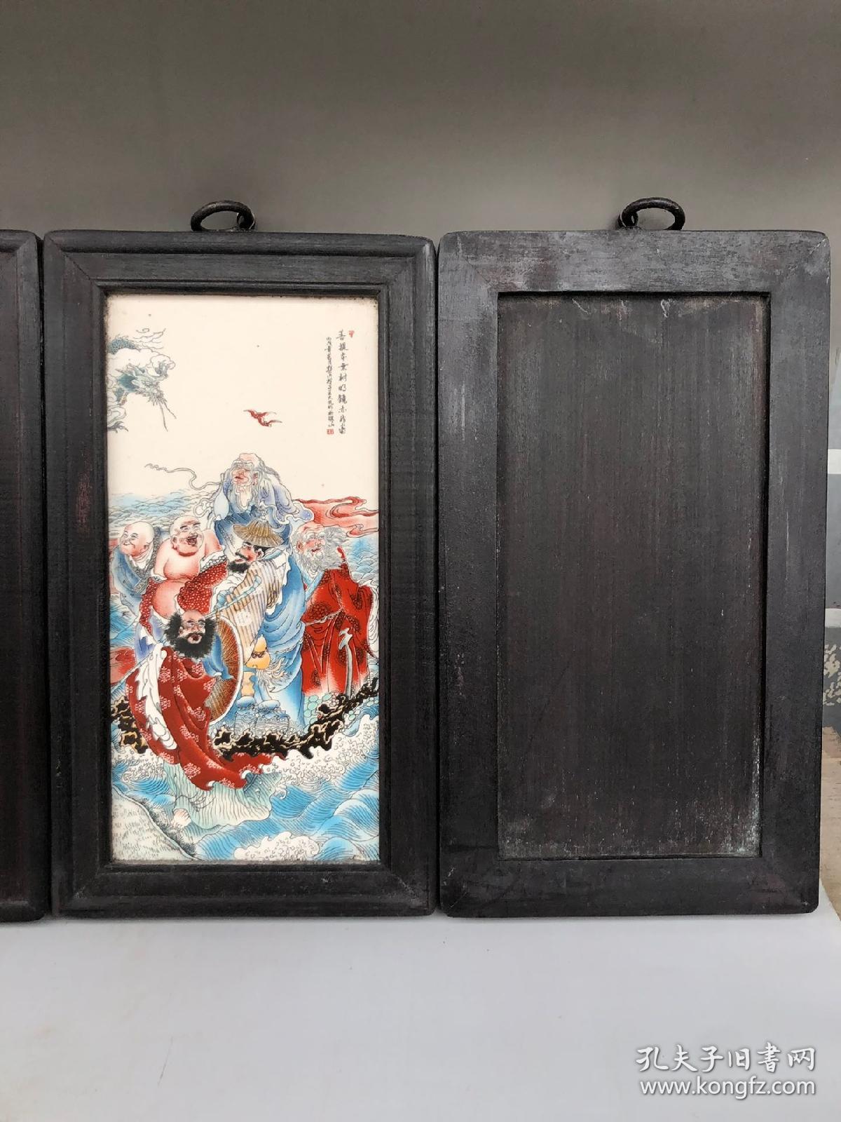 十八罗汉檀木镶瓷板画