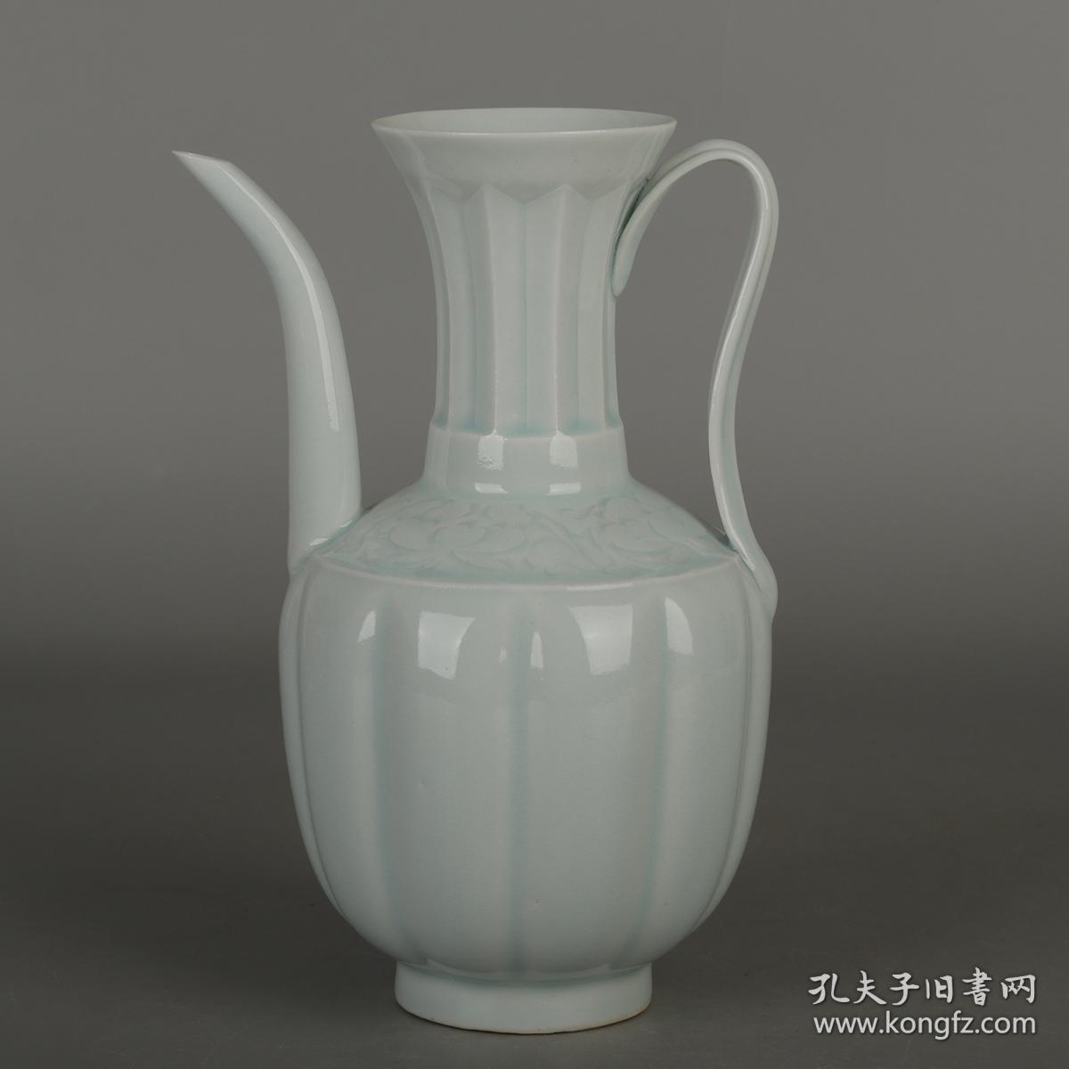 g144北宋湖田窑影青釉宋点茶中号瓜棱形雕花卉纹手执壶茶壶汤瓶