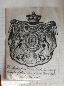 1793年率英国使团觐见乾隆皇帝的英国特使马戛尔尼藏书票一枚（最早与中国相关人物的藏书票，意义重大，稀见）