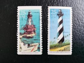 美国邮票（建筑）：1990年《灯塔》小册子 2枚