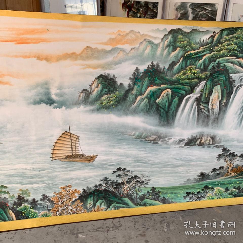 一丈二帆船山水画一帆风顺字画书画国画3.5乘1米