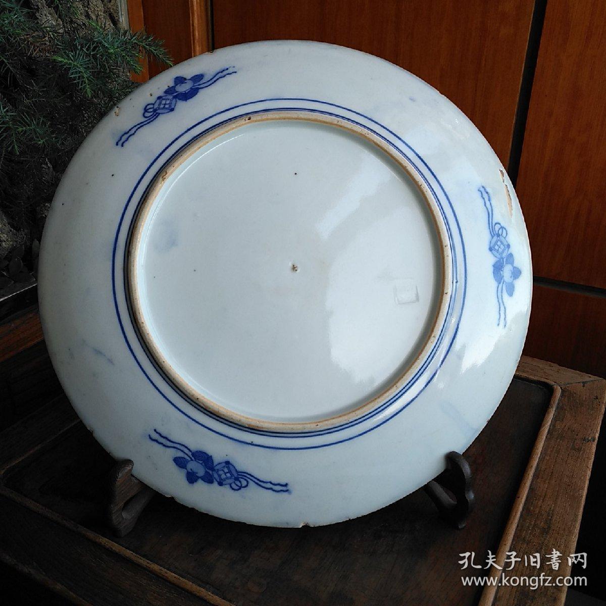 清民国花边酱口开光花鸟大青花盘