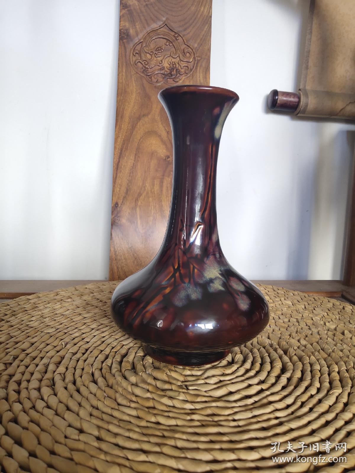 瓷花瓶酱红秞窑变荸荠瓶6070年代出品瓶身画竹釉变五彩牛毛纹收藏摆放