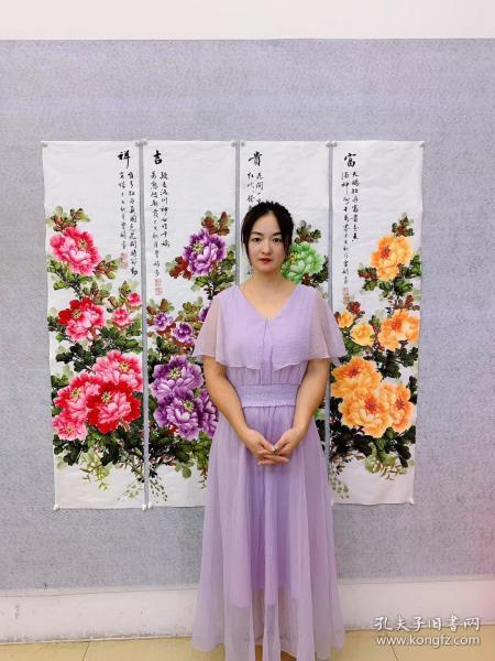 中国国画家协会会员曾娟老师牡丹四条屏【四色牡丹】尺寸单幅140*35