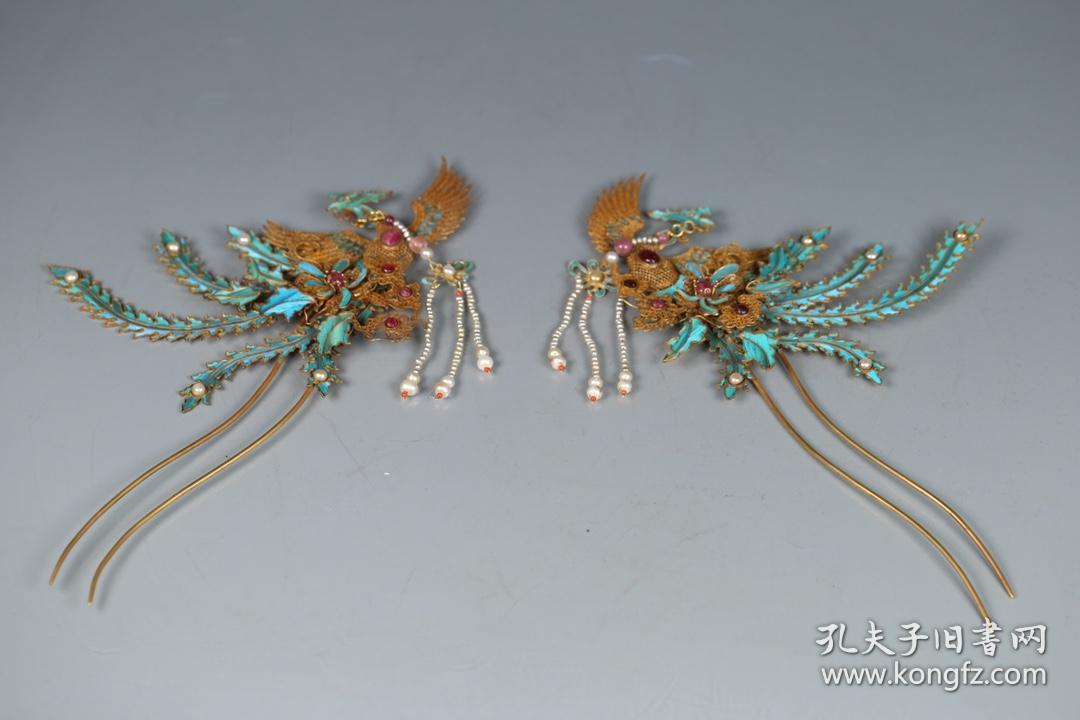 清代 银鎏金花丝点翠凤凰发簪一对
