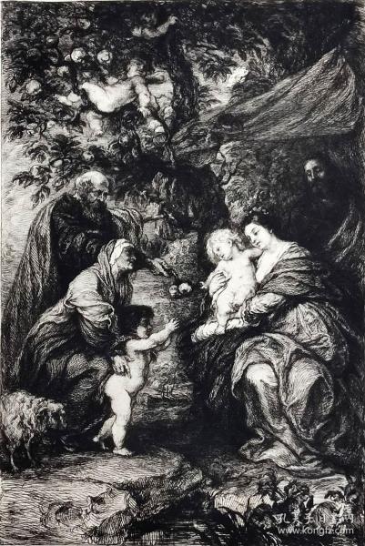 大英博物馆藏画鲁本斯名画1878年法国艺术蚀刻铜版画苹果树下的神圣