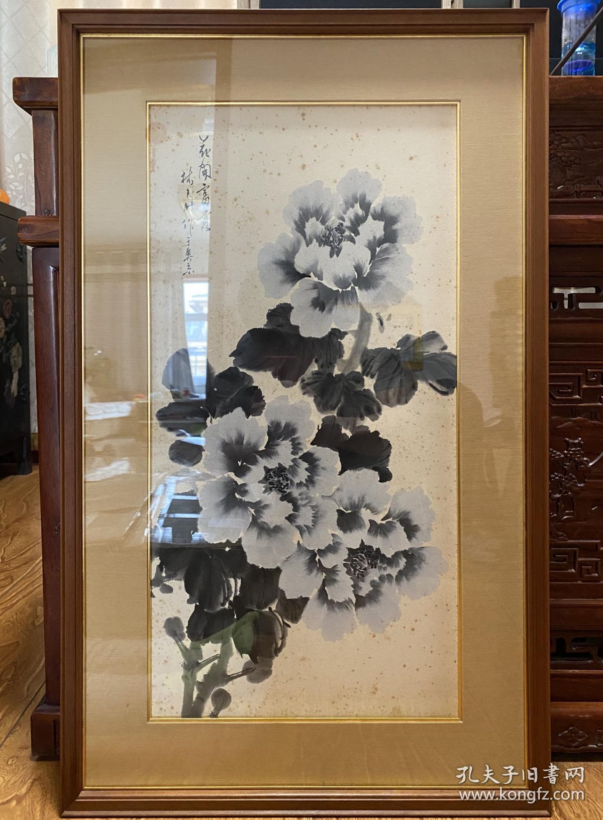 稀少 文化勋章著名画家林天时国画 花开富贵 一幅 设计大师 教授 号静轩 1934年生 镶红木镜框 外还做有一个超大函套 做工精致 孔夫子旧书网