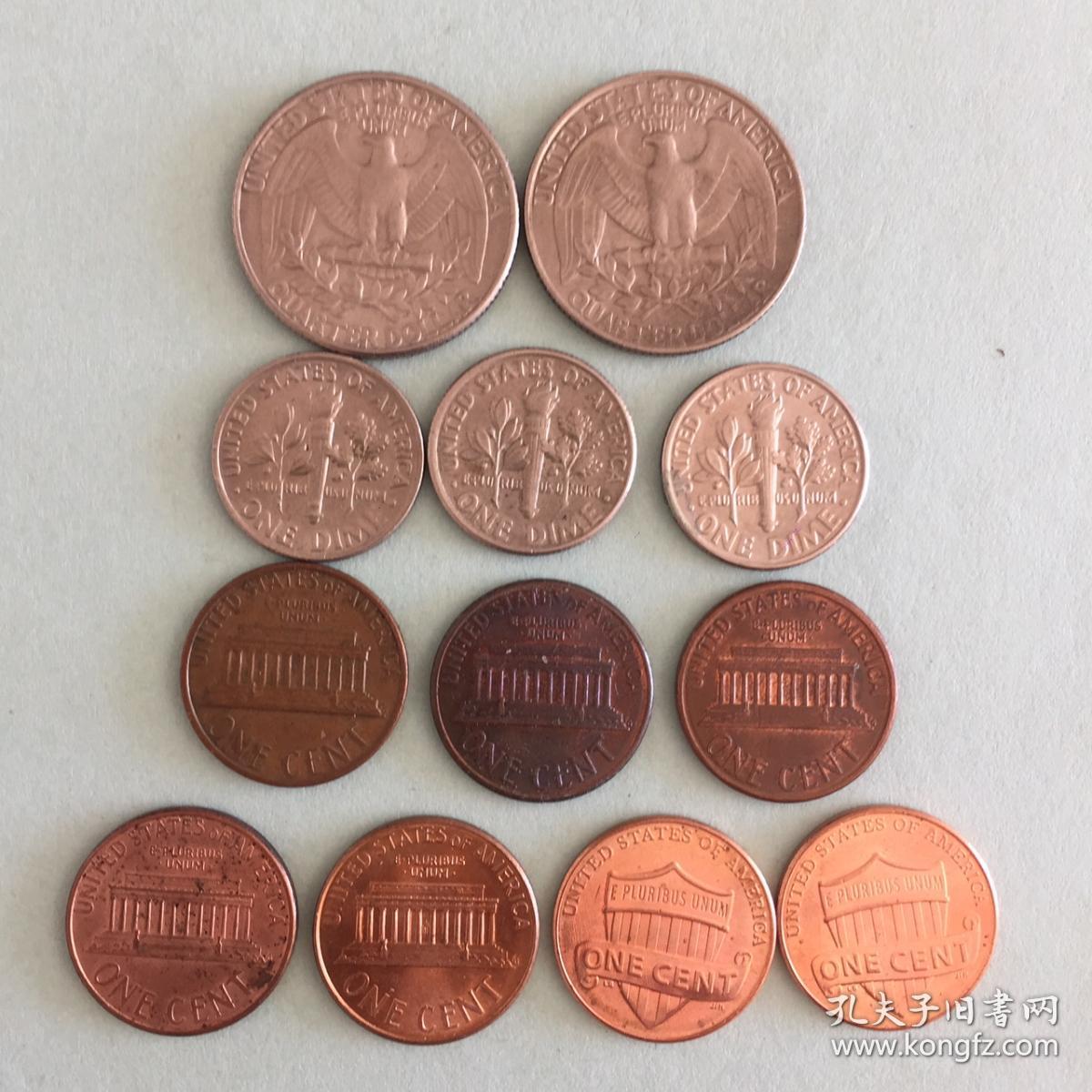美国硬币  12枚 (25美分2枚;10美分3枚;1美分7枚)