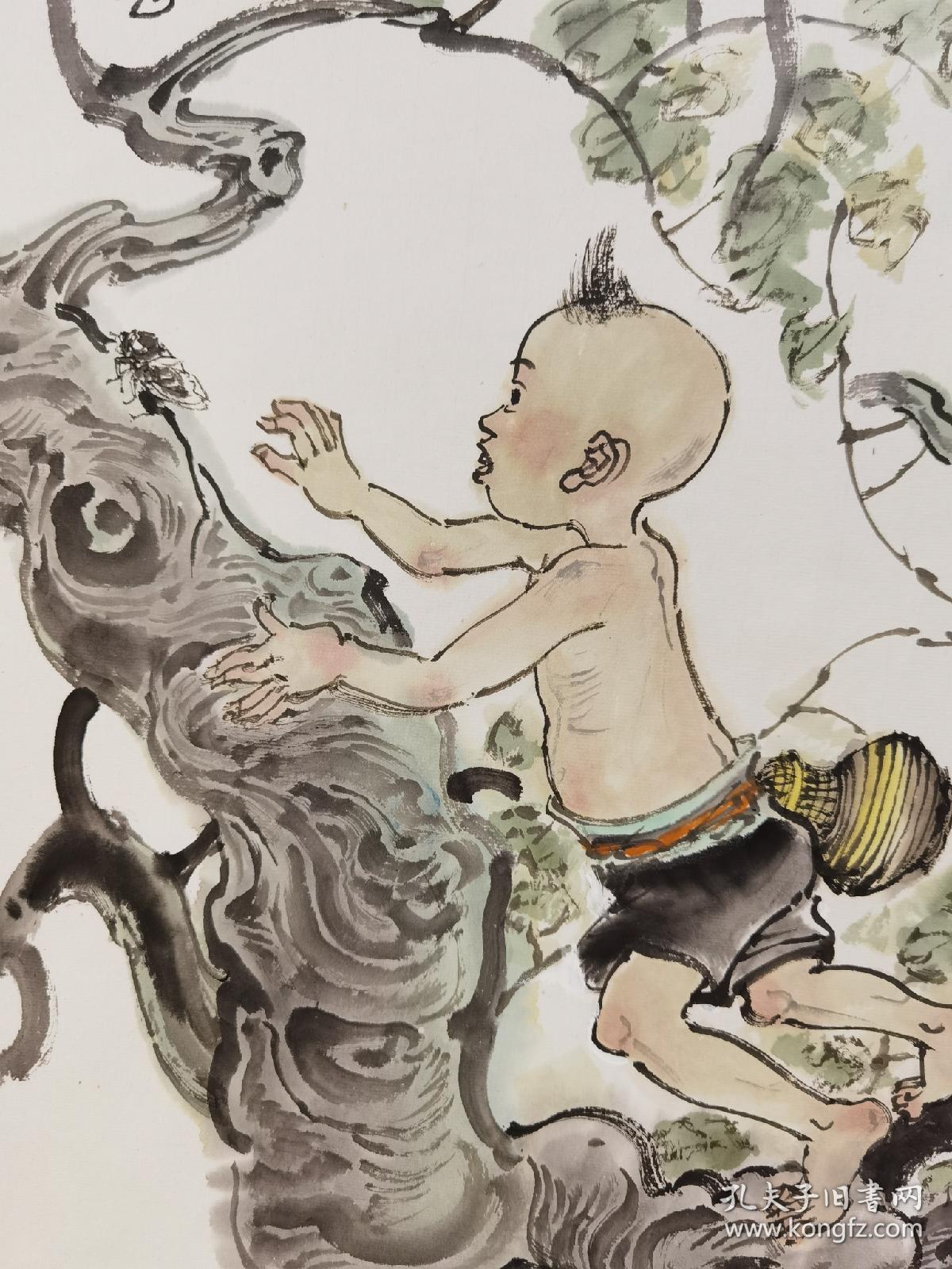 【保真】天津名家曹留夫先生国画斗方精品一幅《捉蝉》,带作者合影.