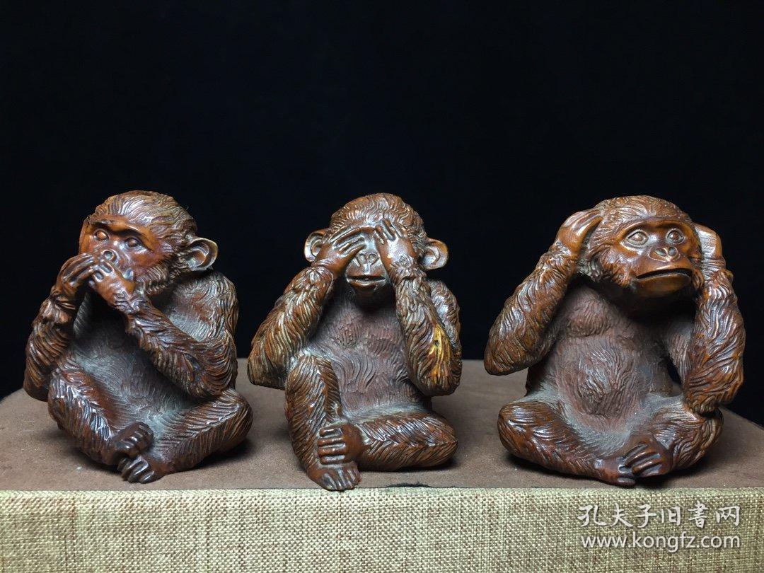 清代黄杨木三不猴不听不看不说摆件
