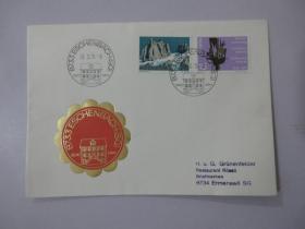 外文信封一枚( 16cm X 11.4 cm)  带邮票两张，详见图片