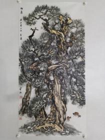 保真书画，陕西著名画家，梁耘四尺整纸国画《柏荫》一幅69×137cm。画的右下部作者本人可能画的不太满意，又修补了一下。