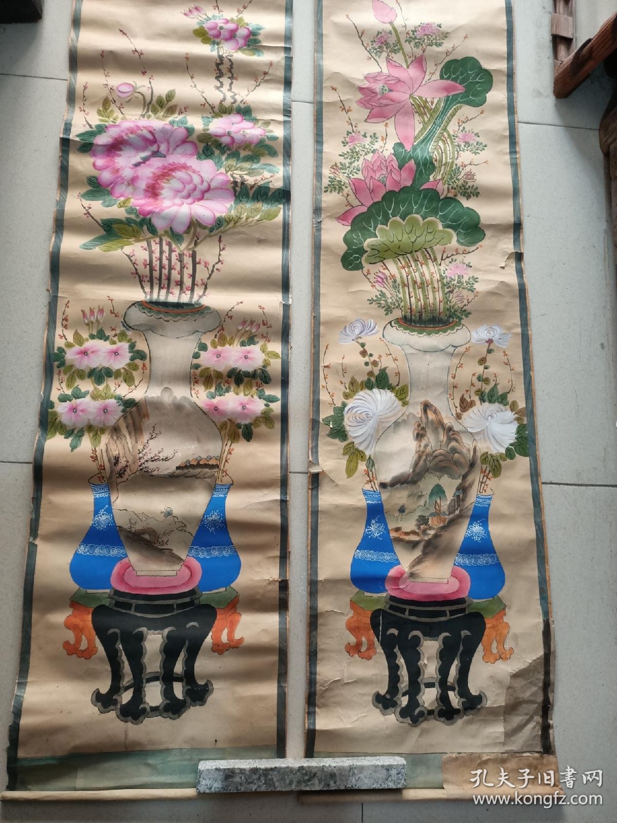 民国半印半绘木板年画.平安富贵山水人物故事对屏.160/35
