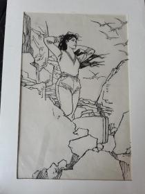 詹忠效线描画稿人物原稿，1979年画《飞向蓝天》插图稿出版修改稿，出版于《詹忠效线描画选》