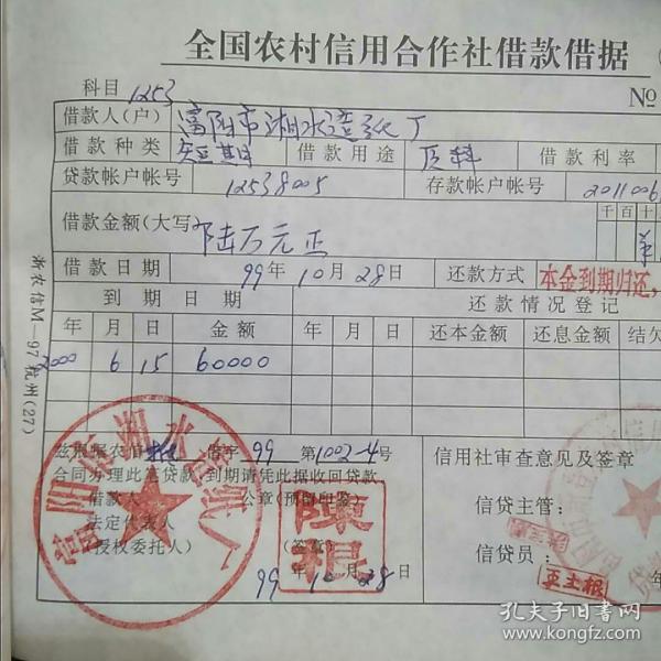 银行票据：1997年浙江农村信用合作社借款借据（借款单位富阳湘水造纸厂） 作者： 出版时间： 199