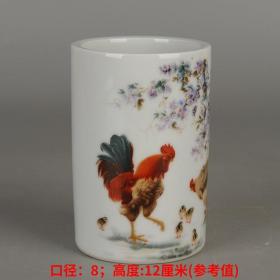 大清光绪年制款粉彩公鸡子母图大吉大利纹小笔筒