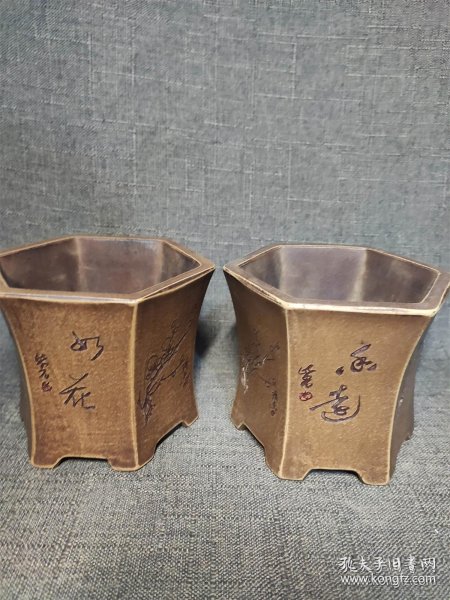周桂珍 款 六方 书画 紫砂花盆1对 微型盆 蒲草盆 肉肉盆
