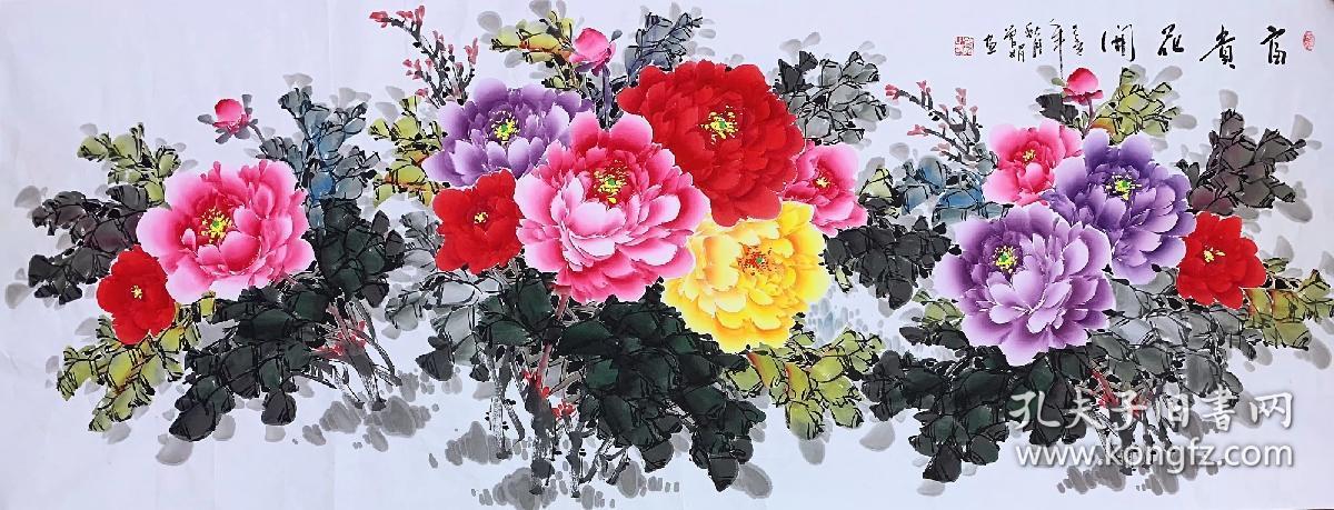 中国国画家协会会员曾娟老师小六尺牡丹【富贵花开】180*70厘米百分百