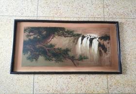 宽阔大气的手绘松瀑纹木板旧油画
