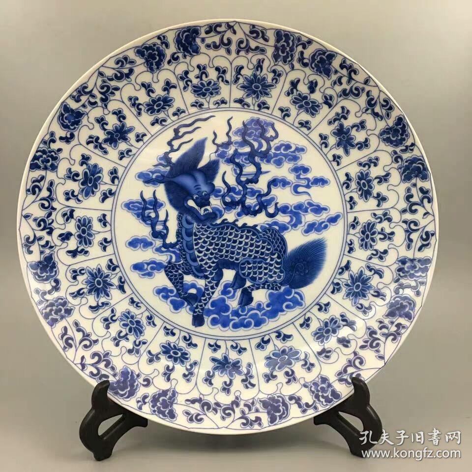精品 清乾隆青花麒麟图瓷盘 古董瓷器家居书房镇宅风水摆件工艺品