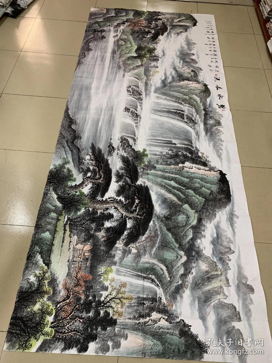 中国国画家协会会员孔红贵老师小八尺聚宝盆山水画碧水长流360厘米145